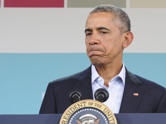 US President Barack Obama reacts as he speaks during a press conference on the last day of the US-ASEAN Summit, at Sunnylands in Rancho Mirage, California, USA, 16 February 2016. The United States is hosting a meeting with leaders from the Association of South-East Asian Nations (ASEAN) for the first time, amid growing tensions with China over a maritime territorial dispute. The territorial dispute over the South China Sea, which China claims in almost its entirety against the wishes of other smaller nations in the region, has overshadowed recent ASEAN gatherings.