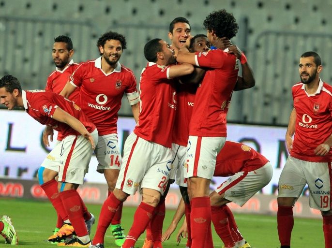 Al-Ahly players celebrates after scoring against Al-Zamalek during their Egyptian League soccer soccer match at Borg El Arab Narmy Stadium in Alexandria, Egypt, 9 February 2016. The match between the two Cairo clubs is held in Alexandria due to security reasons.
