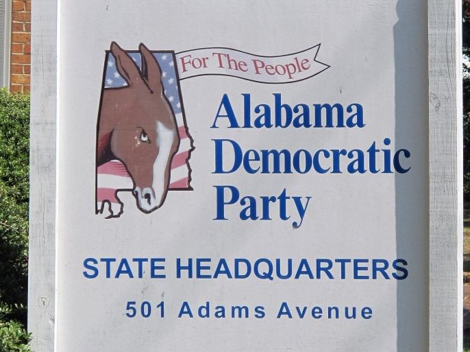 The sign in front of the Alabama Democratic Party state headquarters in Montgomery, Ala., is shown Thursday, Oct. 11, 2012. The Democratic donkey that has traditionally marked the spot for voting a straight Democratic ticket won't appear on Alabama's ballots Nov. 6, though the traditional Republican elephant will appear. A spokeswoman for the secretary of state said it was the Democratic Party staff that requested the new donkey-free logo that appears on the ballot. The new logo says "Alabama Democrats" in block letters. "It's very strange, but they chose to change it," spokeswoman Emily Thompson said Wednesday, Oct. 10, 2012. (AP Photo/Phillip Rawls)