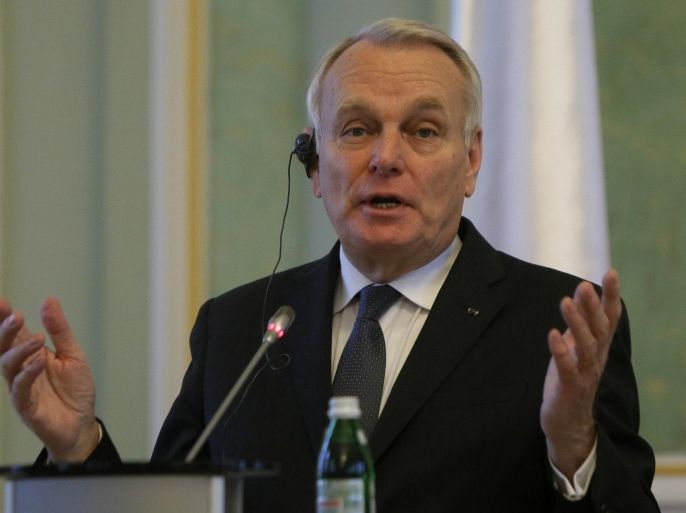 Foreign Affairs and International Development Jean-Marc Ayrault speaking during news conference in Kiev, Ukraine, Tuesday, Feb. 23, 2016. The foreign ministers of France and Germany are on a visit to the Ukrainian capital Tuesday, and have expressed concern about political tensions that are impeding reform efforts and about the persisting conflict in eastern Ukraine. (AP Photo/Sergei Chuzavkov)