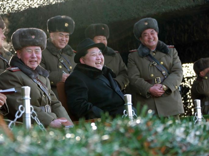 An undated photograph released by the North Korean Central News Agency (KCNA) on 21 February 2016 showing North Korean leader Kim Jong-un (C) overseeing Korean People's Army (KPA) military exercise in Pyongyang, North Korea.