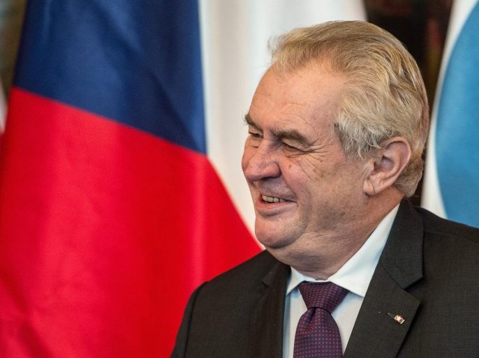 Czech President Milos Zeman smiles as welcomes South Korean President Park Geun-hye (not pictured) at the Prague Castle in Prague, Czech Republic, 02 December 2015. Yun Byung-Se is on a four days official visit to the Czech Republic.