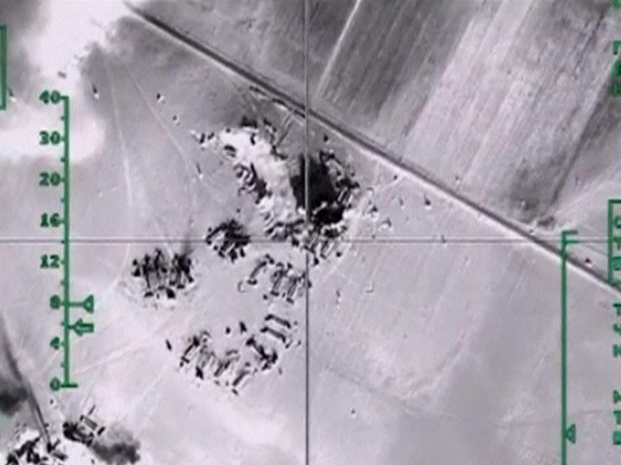 Still image taken from aerial footage released by Russia's Defence Ministry on February 11, 2016, shows airstrikes, carried out by the country's air force and hitting what the Defence Ministry says were Islamic State oil storage facilities, at an unknown location in Syria. REUTERS/Ministry of Defence of the Russian Federation/Handout via Reuters ATTENTION EDITORS - THIS IMAGE WAS PROVIDED BY A THIRD PARTY. REUTERS IS UNABLE TO INDEPENDENTLY VERIFY THE AUTHENTICITY, CONTENT, LOCATION OR DATE OF THIS IMAGE. IT IS DISTRIBUTED EXACTLY AS RECEIVED BY REUTERS, AS A SERVICE TO CLIENTS. FOR EDITORIAL USE ONLY. NOT FOR SALE FOR MARKETING OR ADVERTISING CAMPAIGNS. NO RESALES. NO ARCHIVE. THIS IMAGE HAS BEEN SUPPLIED BY A THIRD PARTY. IT IS DISTRIBUTED, EXACTLY AS RECEIVED BY REUTERS, AS A SERVICE TO CLIENTS. TPX IMAGES OF THE DAY