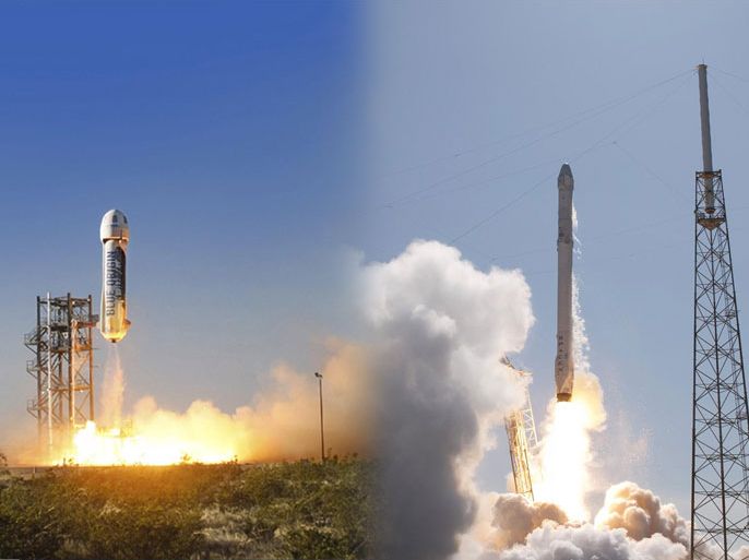 combo image compares Blue Origin's New Shepard rocket to Space X's Falcon 9 rocket (images source: Reuters)