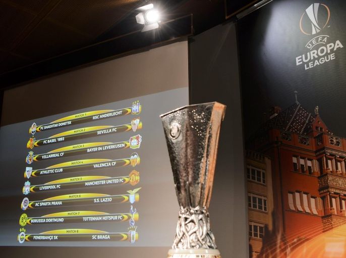 The match fixtures are shown on an electronic panel following the draw of the round of 16 of the UEFA Europa League 2015/16 at the UEFA Headquarters, in Nyon, Switzerland, 26 February 2016.