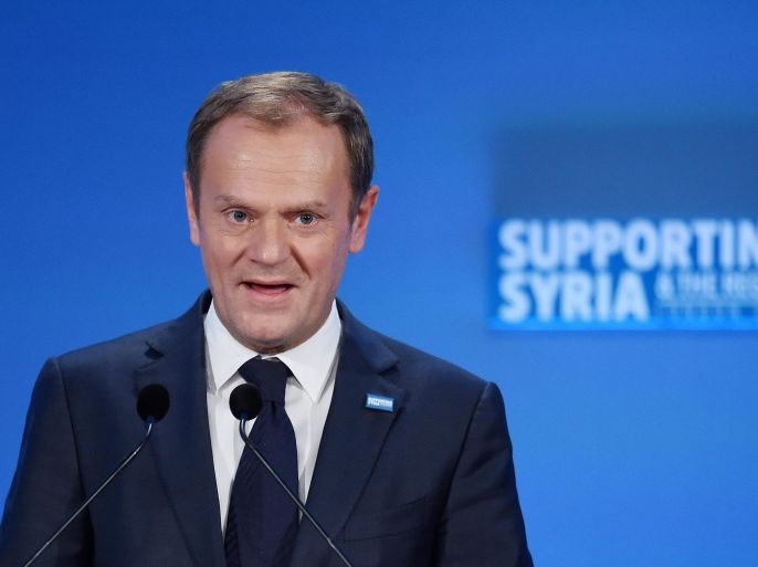 President of the European Council Donald Tusk speaks to donors at the Syria Conference in London, Britain, 04 February 2016. Leaders of some 70 nations gathered to pledge financial support to Syria. Britain and the four other co-hosts of an international donors conference - Germany, Norway, Kuwait and the United Nations - hope participants will pledge about 9 billion dollars to help 13.5 million people in Syria and 4.4 million refugees in neighbouring states.