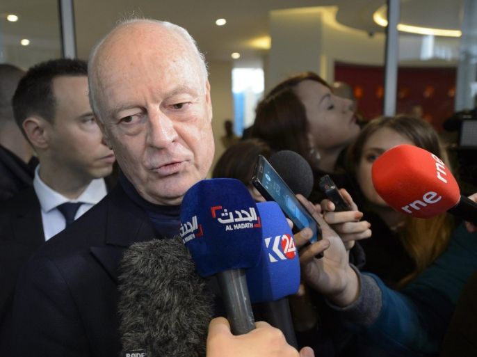 Staffan de Mistura, UN Special Envoy for Syria, speaks at a press conference during the round of negotiations between the Syrian government and the opposition in Geneva, Switzerland, Sunday, Jan. 31, 2016. De Mistura says he is "optimistic and determined" describing indirect peace talks between the government and the opposition as "a historic occasion" to end the country's civil war. (Martial Trezzini/Keystone via AP)