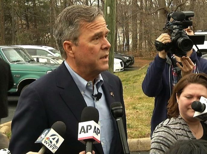 Republican presidential candidate, former Florida Gov. Jeb Bush speaks with reporters outside of Eastlan Baptist Church, a polling location in Greenville, S.C, on Saturday, Feb. 20, 2016. (AP Photo/Alex Sanz)