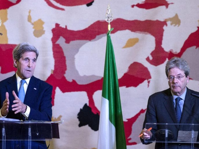 Italian Foreign Minister Paolo Gentiloni (R) and US Secretary of State John Kerry talk during a joint press conference after a meeting of the US-led coalition against the Islamic State, in Rome, Italy, 02 February 2016. US Secretary of State John Kerry called for no let up in international efforts against Islamic State militias in Syria and Iraq, amid concerns that a third battlefront against the terrorist group may open in Libya. Speaking at a meeting in Rome of the US-led coalition against the Islamic State, launched in late 2014, Kerry said 'almost 10,000 airstrikes' had been conducted, killing 'more than 90 mid-level or high-level leaders of Daesh since last May.'