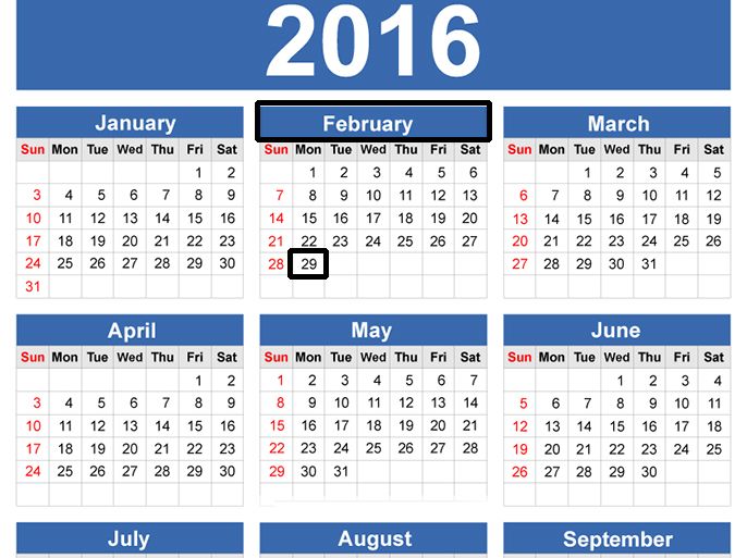 صورة لتقويم 2016 وإبراز شهر فبراير فيه وتحديدا يوم 29 منه،