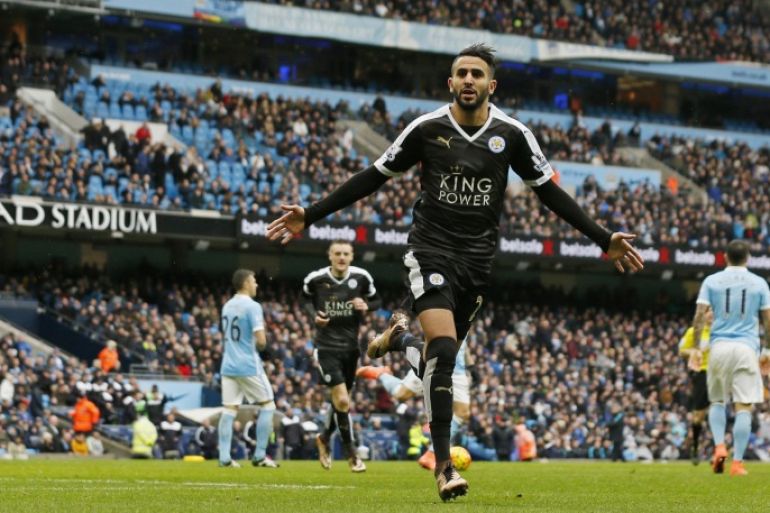Football - Manchester City v Leicester City - Barclays Premier League - Etihad Stadium - 6/2/16 Leicester City's Riyad Mahrez celebrates scoring their second goal Action Images via Reuters / Jason Cairnduff Livepic EDITORIAL USE ONLY. No use with unauthorized audio, video, data, fixture lists, club/league logos or "live" services. Online in-match use limited to 45 images, no video emulation. No use in betting, games or single club/league/player publications. Please contact your account representative for further details.