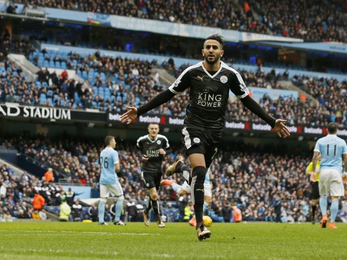 Football - Manchester City v Leicester City - Barclays Premier League - Etihad Stadium - 6/2/16 Leicester City's Riyad Mahrez celebrates scoring their second goal Action Images via Reuters / Jason Cairnduff Livepic EDITORIAL USE ONLY. No use with unauthorized audio, video, data, fixture lists, club/league logos or "live" services. Online in-match use limited to 45 images, no video emulation. No use in betting, games or single club/league/player publications. Please contact your account representative for further details.