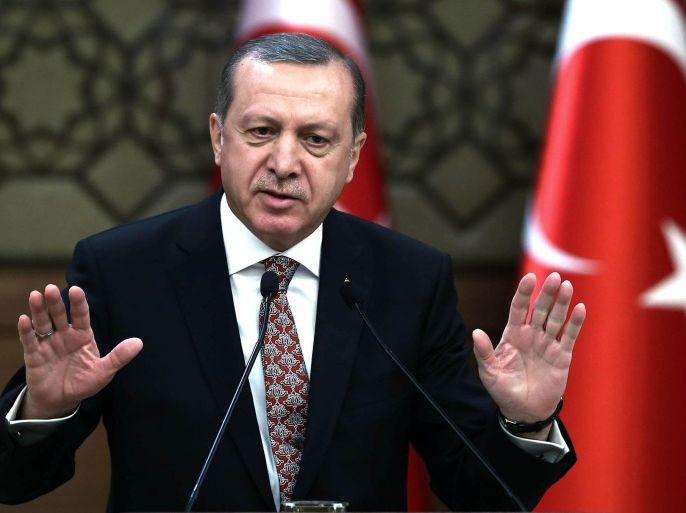 Turkish President Recep Tayyip Erdogan addresses a meeting of local administrators at his palace in Ankara, Turkey, Wedesday, Feb. 10, 2016. Erdogan has ratcheted up his criticism of the United States for not recognizing Syrian Kurdish forces as "terrorists," saying Washington's lack of knowledge of the groups operating in the region had led to bloodshed. Turkey considers the Kurdish Democratic Union Party, or PYD, which are affiliated with Turkey's own Kurdish rebels as a terrorist group.(Yasin Bulbul/Presidential Press Service, Pool via AP)