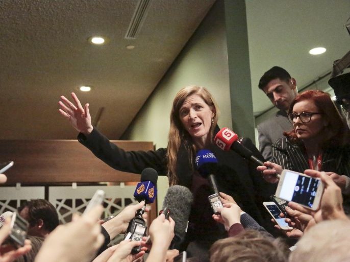 U.S. Ambassador to the U.N. Samantha Power gestures while speaking at a press briefing after closed Security Council meetings on Syria, Friday, Feb. 19, 2016 at U.N. headquarters. (AP Photo/Bebeto Matthews)