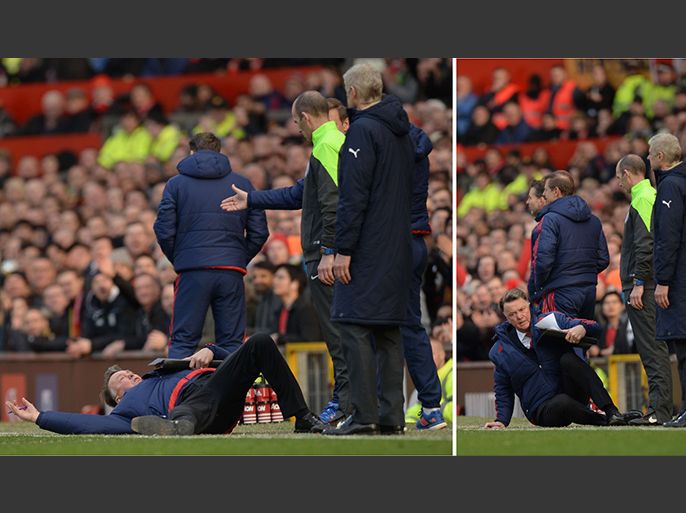 A combination of pictures created and taken on February 28, 2016 shows Manchester United's Dutch manager Louis van Gaal (L) having words with fourth official Mike Dean on the touchline before falling over on the floor and Van Gaal falling over (R) during the English Premier League football match between Manchester United and Arsenal at Old Trafford in Manchester in north west England on February 28, 2016. / AFP / OLI SCARFF / RESTRICTED TO EDITORIAL USE. No use with unauthorized audio, video, data, fixture lists, club/league logos or 'live' services. Online in-match use limited to 75 images, no video emulation. No use in betting, games or single club/league/player publications.