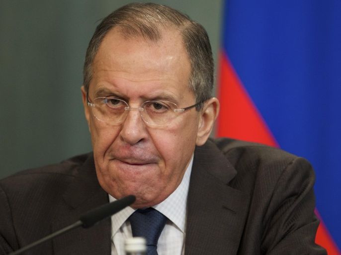 FILE - In this Friday Feb. 26, 2016 file photo, Russian Foreign Minister Sergey Lavrov reacts attends a news conference after Russian-Arab forum in Moscow, Russia. Russian Foreign Minister Sergey Lavrov says Russia has information that Turkey’s military is entrenched a few hundred meters inside Syrian territory to prevent Kurdish groups from strengthening their positions. In an interview with Russian REN TV broadcast on Sunday, March 13, 2016, Lavrov said this was part of Turkey’s “creeping expansion” in northern Syria. (AP Photo/Ivan Sekretarev, File)