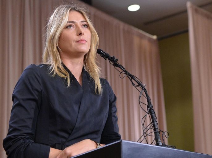 Tennis star Maria Sharapova speaks to the media announcing a failed drug test after the Australian Open during a press conference in Los Angeles, in this file photo taken March 7, 2016. Sharapova has been suspended as a goodwill ambassador by the United Nations after the former world number one admitted she had tested positive for the banned substance meldonium at this year's Australian Open. Mandatory Credit: Jayne Kamin-Oncea-USA TODAY Sports/Files