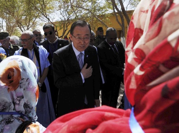 United Nations secretary-general Ban Ki-moon visits the Smara refugees camp near Tindouf, south-western Algeria, Saturday, March 5, 2016. Ban Ki-moon will meet with leaders of the Polisario Front, the organization disputing sovereignty over Western Sahara with Morocco, in the hope to help solving a 40-year conflict. (AP Photo/Toufik Doudou)