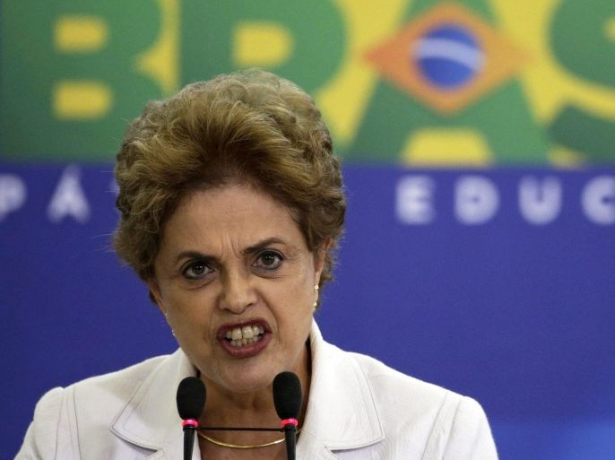 (FILE) A file picture dated 12 April 2016 shows Brazilian President Dilma Rousseff speaking to students and teachers at Planalto Palace in Brasilia, Brazil. According to media reports published on 15 April 2016, Brazil's Supreme Court ruled against a request by President Russeff's attorney to temporarily halt a scheduled vote on her possible impeachment in the Chamber of Deputies (lower house). President Rousseff is facing accusations that she manipulated government accounts to improve the image of the efficacy of her government's economic performance. The impeachment vote is scheduled to take place on 17 April 2016.