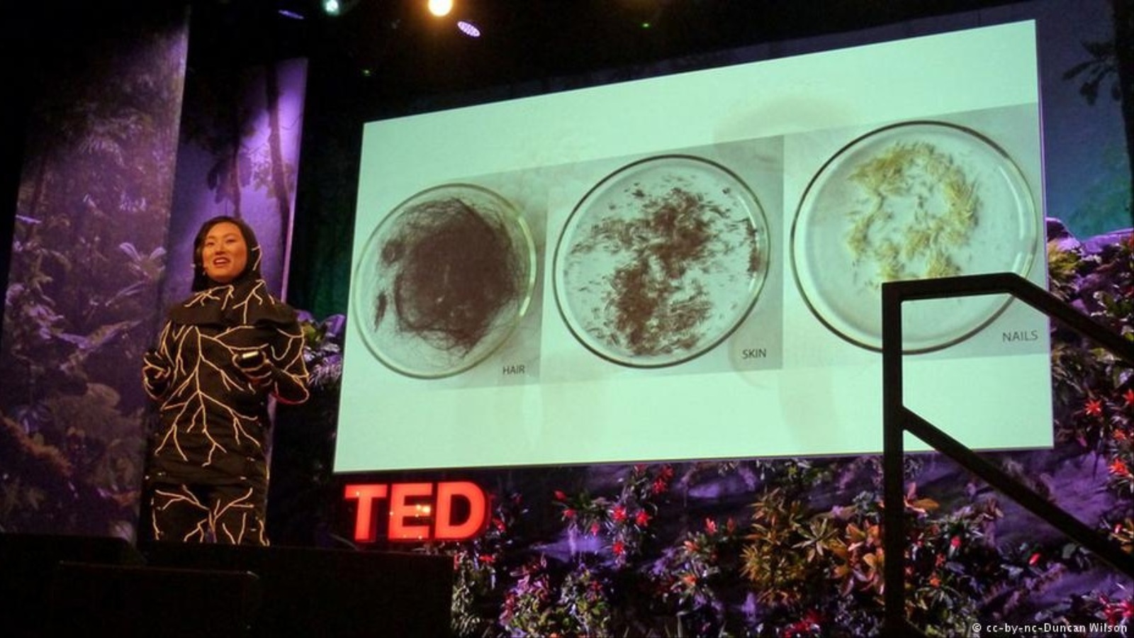 ‪جي ريم لي تقوم بتدريب الفطور على أكل جسم الإنسان من خلال إطعامه عينات من جلدها (جلد الباحثة) وشعرها وأظافرها‬ (دويتشه فيلله)