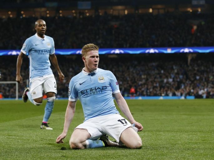 Football Soccer - Manchester City v Paris St Germain - UEFA Champions League Quarter Final Second Leg - Etihad Stadium, Manchester, England - 12/4/16 Kevin De Bruyne celebrates scoring the first goal for Manchester City Reuters / Andrew Yates Livepic EDITORIAL USE ONLY.