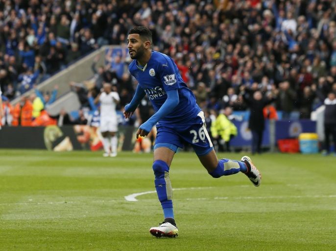Football Soccer - Leicester City v Swansea City - Barclays Premier League - The King Power Stadium - 24/4/16 Riyad Mahrez celebrates scoring the first goal for Leicester City Action Images via Reuters / Jason Cairnduff Livepic EDITORIAL USE ONLY. No use with unauthorized audio, video, data, fixture lists, club/league logos or "live" services. Online in-match use limited to 45 images, no video emulation. No use in betting, games or single club/league/player publications. Please contact your account representative for further details.