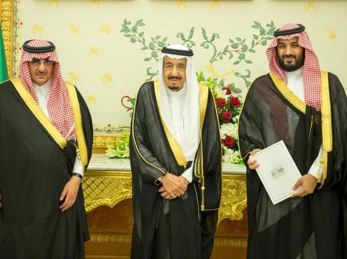(L-R) Saudi Crown Prince Mohammed bin Nayef, Saudi King Salman, and Saudi Arabia's Deputy Crown Prince Mohammed bin Salman stand together after Saudi Arabia's cabinet agrees to implement a broad reform plan known as Vision 2030 in Riyadh, April 25, 2016. REUTERS/Saudi Press Agency/Handout via Reuters ATTENTION EDITORS - THIS PICTURE WAS PROVIDED BY A THIRD PARTY. REUTERS IS UNABLE TO INDEPENDENTLY VERIFY THE AUTHENTICITY, CONTENT, LOCATION OR DATE OF THIS IMAGE. FOR EDITORIAL USE ONLY. NOT FOR SALE FOR MARKETING OR ADVERTISING CAMPAIGNS. THIS PICTURE IS DISTRIBUTED EXACTLY AS RECEIVED BY REUTERS, AS A SERVICE TO CLIENTS. NO RESALES. NO ARCHIVE.