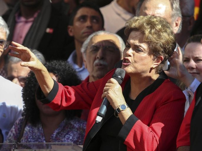 Brazilian President Dilma Rousseff speaks during a rally marking International Workers Day in Sao Paulo, Brazil, 01 May 2016. Labour Day, or May Day, is observed all over the world on the first day of May to celebrate the economic and social achievements of workers and fight for labourers' rights. Brazil's lower house of Congress voted on 17 April in favor of impeaching Rousseff for allegedly manipulating budget figures to minimize the deficit. Rousseff denies the allegations, insisting the impeachment process is a coup against her.