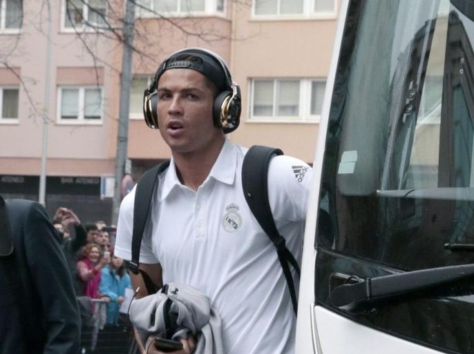 Real Madrid's Portuguese forward Cristiano Ronaldo arrives to the Riazor Stadium in Santiago at Galicia in Spain on 14 May 2016 to attend their last primera division liga match against Deportivo. Real Madrid and Barcelona will play two crucial matches to decide which of them will be proclaimed champions of the Spanish Liga.