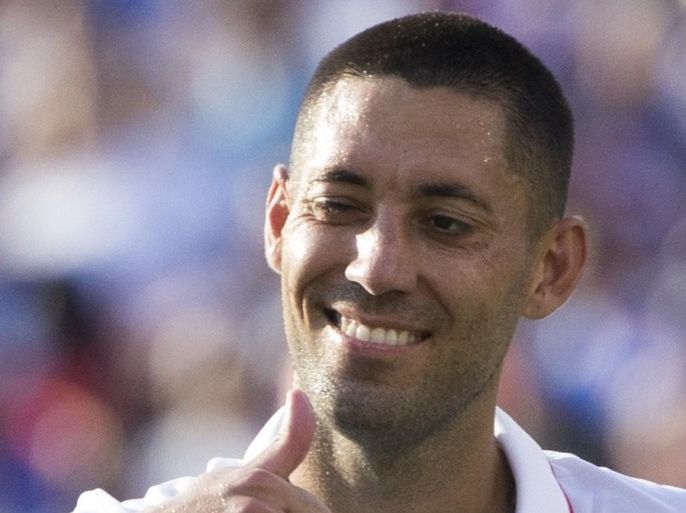 Jul 18, 2015; Baltimore, MD, USA; United States forward Clint Dempsey (8) gives a wink and thumbs up during a CONCACAF Gold Cup quarterfinal match against the Cuba at M&T Bank Stadium. The United States won 6-0. Mandatory Credit: Bill Streicher-USA TODAY Sports