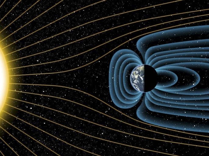 An artist's depiction of Earth's magnetic field deflecting high-energy protons from the sun four billion years ago, is shown in this image released on July 30, 2015. The relative sizes of the Earth and Sun, as well as the distances between the two bodies, are not drawn to scale in this drawing. Earth's magnetic field has been a life preserver, protecting against relentless solar winds - streams of charged particles rushing from the Sun - that otherwise could strip aw
