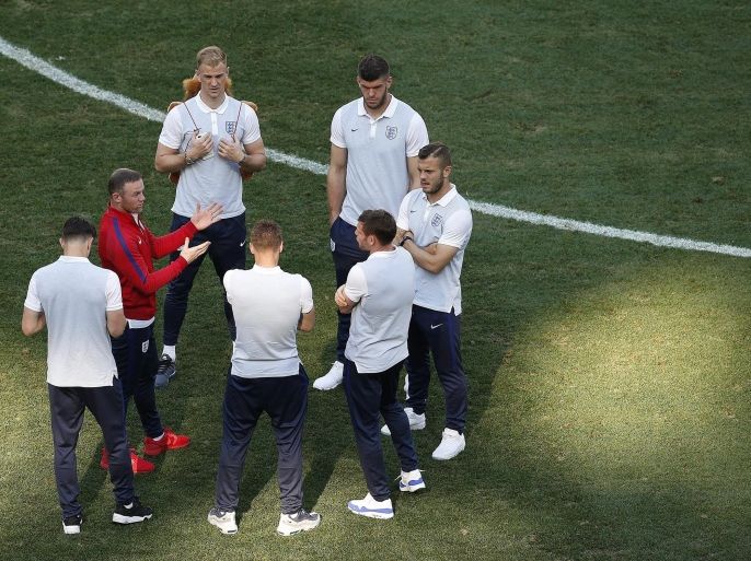 England players during the walk around the Stade de Nice in Nice, France, 26 June 2016. England will face Iceland in the UEFA EURO 2016 round of 16 match on 27 June 2016.(RESTRICTIONS APPLY: For editorial news reporting purposes only. Not used for commercial or marketing purposes without prior written approval of UEFA. Images must appear as still images and must not emulate match action video footage. Photographs published in online publications (whether via the Interne