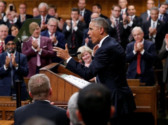 U.S. President Barack Obama addresses Parliament in the House of Commons on Parliament Hill in Ottawa, Ontario, Canada, June 29, 2016. REUTERS/Chris Wattie