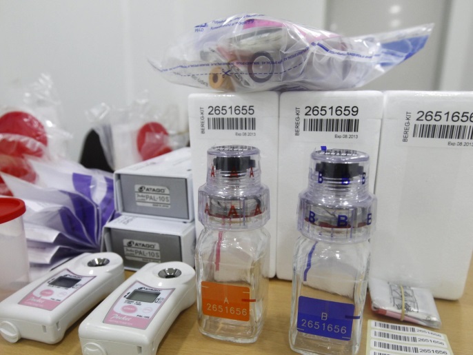 Anti-doping control kits are pictured at an anti-doping control centre at the stadium in Daegu, southeast of Seoul, South Korea, in this August 24, 2011 file photo. The recent wave of positive tests has thrust sports doping back in the headlines but it is not just athletes seeking to enhance performance who are taking banned substances, a Norwegian anti-doping official has told Reuters. To match Interview SPORT-DOPING/NORWAY REUTERS/Lee Jae-Won/Files