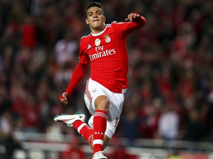 Benfica's player Raul Jimenez celebrates a goal against Rio Ave during their Portuguese First League soccer match held at Luz Stadium in Lisbon, Portugal, 20 November 2015.