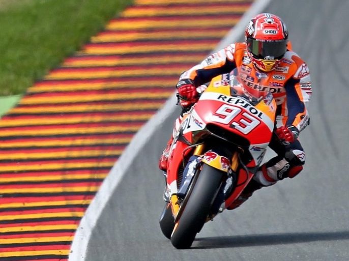Spanish MotoGP rider Marc Marquez of Repsol Honda in action during the third free training at the Motorcyle World Championship Grand Prix Germany on the Sachsenring in Hohenstein-Ernstthal, Germany, 16 July 2016.