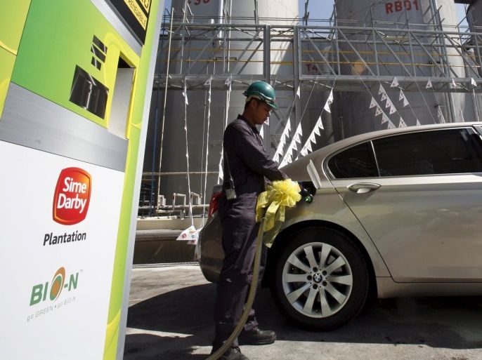 A Sime Darby employee pumps biodiesel fuel into a car during the official launch of their biofuel cars at the Sime Darby Biodiesel Plant in Carey Island, outside Kuala Lumpur, in this March 24, 2010 file photo. The world's top palm oil producers Indonesia and Malaysia may have to curb plans to channel more of the commodity into biodiesel as tumbling crude oil prices render the edible oil twice as expensive as its fossil fuel alternative. REUTERS/Bazuki Muhammad/Files