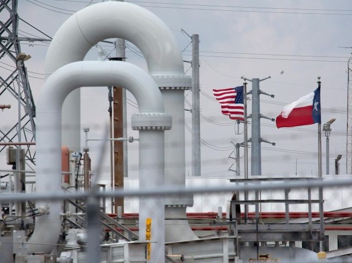A maze of crude oil pipe and equipment is seen with the American and Texas flags flying in the background during a tour by the Department of Energy at the Strategic Petroleum Reserve in Freeport, Texas, U.S. June 9, 2016. REUTERS/Richard Carson