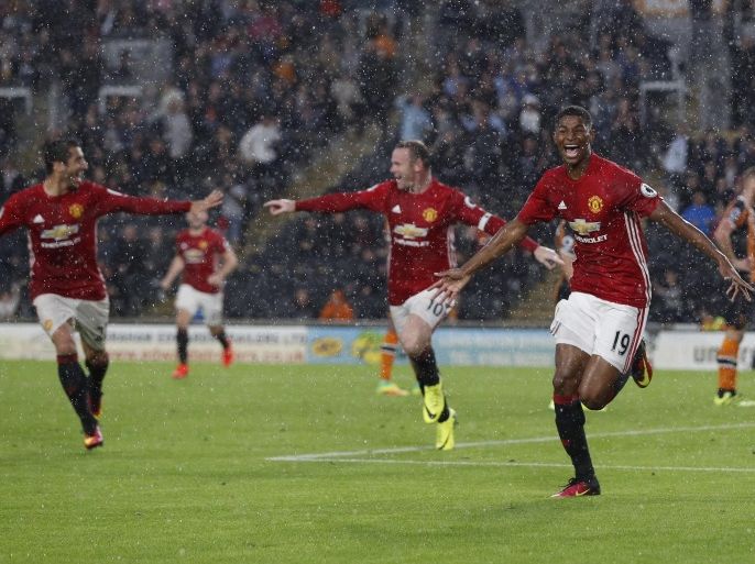 Football Soccer Britain- Hull City v Manchester United - Premier League - The Kingston Communications Stadium - 27/8/16 Manchester United's Marcus Rashford celebrates scoring their first goal Action Images via Reuters / Lee Smith Livepic EDITORIAL USE ONLY. No use with unauthorized audio, video, data, fixture lists, club/league logos or "live" services. Online in-match use limited to 45 images, no video emulation. No use in betting, games or single club/league/player