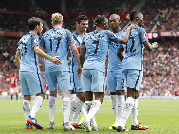 Britain Soccer Football - Manchester United v Manchester City - Premier League - Old Trafford - 10/9/16 Manchester City's Kelechi Iheanacho celebrates scoring their second goal with team mates Action Images via Reuters / Carl Recine Livepic EDITORIAL USE ONLY. No use with unauthorized audio, video, data, fixture lists, club/league logos or "live" services. Online in-match use limited to 45 images, no video emulation. No use in betting, games or single club/league/playe