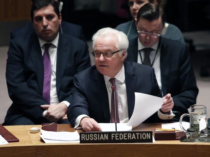 Russian ambassador to UN, Vitaly Churkin (C) addresses a meeting on the situation in North Korea at UN headquarters in New York, USA, 02 March 2016. United Nations Security Council members unanimously approve toughest sanctions against North Korea in 20 years. The new sanctions are aimed at stopping North Korea's nuclear and ballistic missile programmes through measures such as limiting its exports and inspecting all cargo coming in and out of the country.