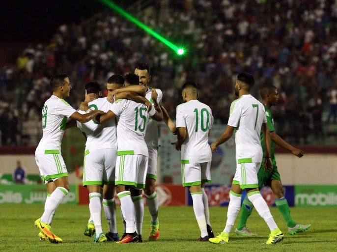 epa05524675 Algerian players celebrate after scoring a goal against Lesotho during the African Cup of Nations 2017 qualifying soccer match between Algeria and Lesotho at the Mustapha Tchaker Stadium in Blida south of Algiers, Algeria, 04 September 2016. EPA/STR