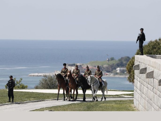 Turkish soldiers ride their horses during the commemoration of the Battle of Gallipoli in front of the Turkish Mehmetcik Monument in Gallipoli, Turkey, 24 April 2015. The Anzac day ceremonies in Gallipoli remember those who died in the 1915 Anzac landings of World War I.