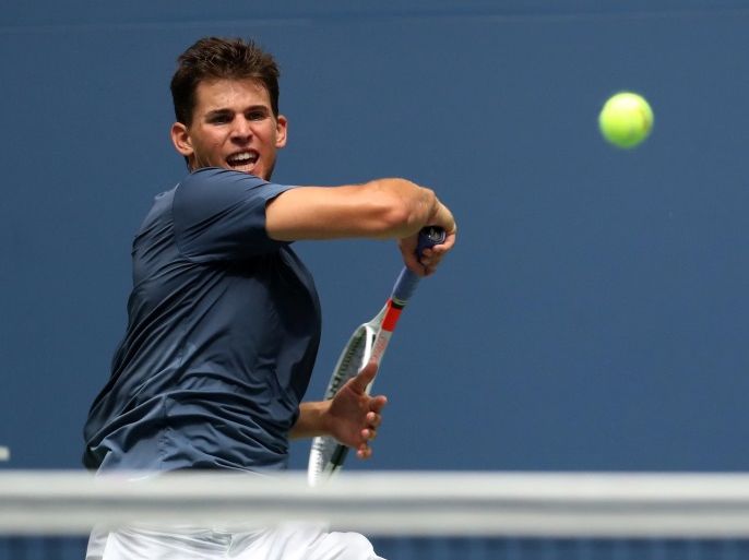 Sep 5, 2016; New York, NY, USA; Dominic Thiem of Austria hits a forehand against Juan Martin Del Potro of Argentina (not pictured) on day eight of the 2016 U.S. Open tennis tournament at USTA Billie Jean King National Tennis Center. Del Potro won 6-3, 3-2 (ret.). Mandatory Credit: Geoff Burke-USA TODAY Sports