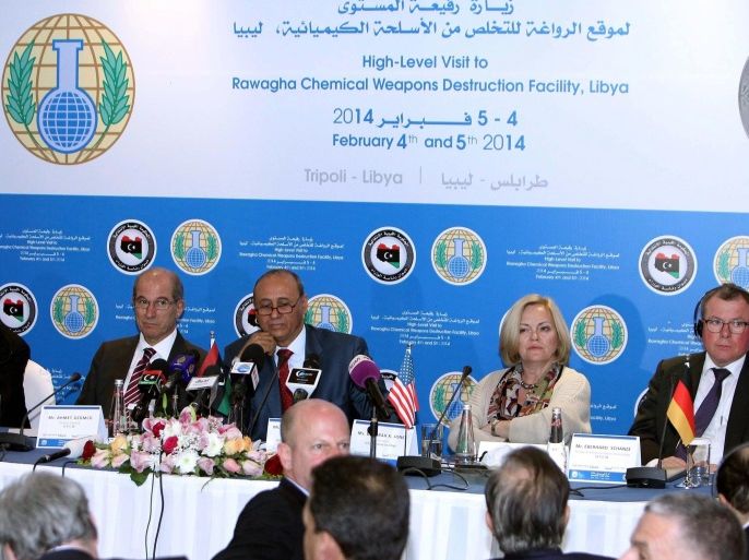 Director-General of the Organization for the Prohibition of Chemical Weapons (OPCW), Ahmet Uzumcu (2-L), Libyan Minister of International Cooperation Mohammed Abdel-Aziz (C), US Ambassador to Libya Deborah K. Jones (2-R) and Permanent Representative of Germany at OPCW, Eberhard Schulze (R), attend a media conference on the disposal of chemical weapons in Libya, in Tripoli, Libya, 04 February 2014. Libya's supply of mustard gas has been completely destroyed with help