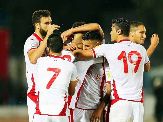 Tunisian players celebrate a goal during the FIFA World Cup 2018 qualifying soccer match between Tunisia and Guinea at Mustapha Ben Jennet Stadium in Monastir, Tunisia, 09 October 2016.