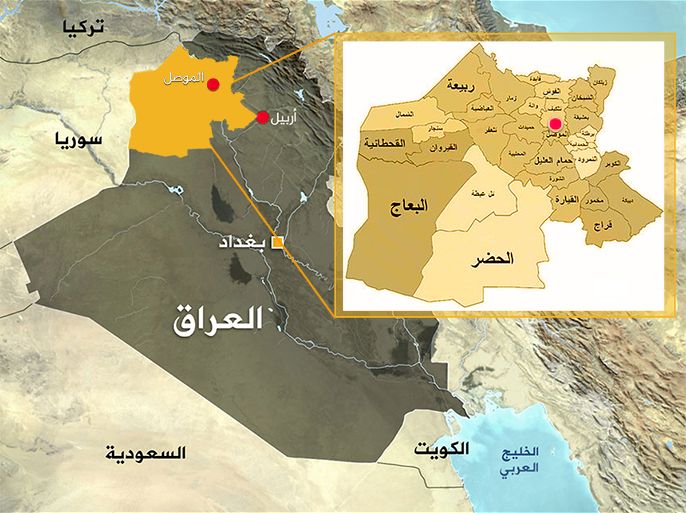 خارطة العراق موضح عليها محافظة نينوى - مدينة الموصل - المصدر الجزيرة + ويكبيديا
