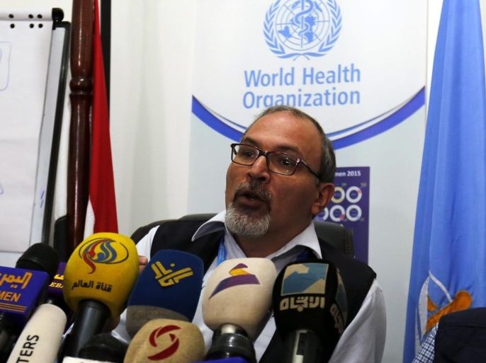 WHO coordinator Amro Saleh speaks to reporters during a press conference about the recent cholera outbreaks in Sana'a, Yemen, 11 October 2016. According to reports, Yemen has officially announced the occurrence of 11 confirmed cholera cases and 17 suspected cases among population last week in the capital Sana'a.