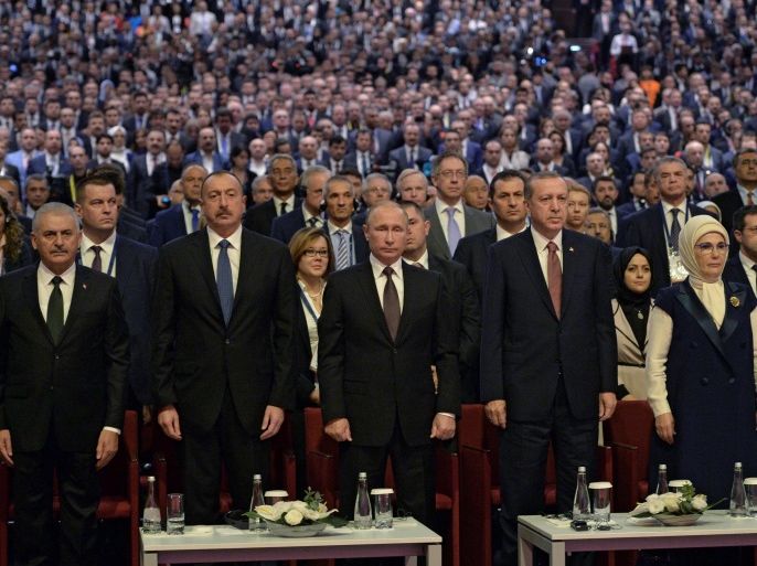 (L-R) Turkish Prime Minister Binali Yildirim, Azeri President Ilham Aliyev, Russian President Vladimir Putin and Turkish President Tayyip Erdogan attend a session of the World Energy Congress in Istanbul, Turkey, October 10, 2016. Sputnik/Kremlin/Alexei Druzhinin via REUTERS ATTENTION EDITORS - THIS IMAGE WAS PROVIDED BY A THIRD PARTY. EDITORIAL USE ONLY.