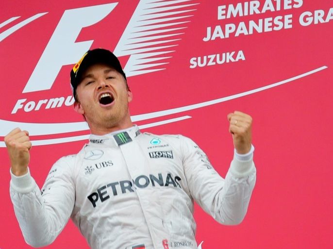 German Formula One driver Nico Rosberg of Mercedes AMG GP reacts on the podium after winning the Japanese Formula One Grand Prix at the Suzuka Circuit in Suzuka, central Japan, 09 October 2016.